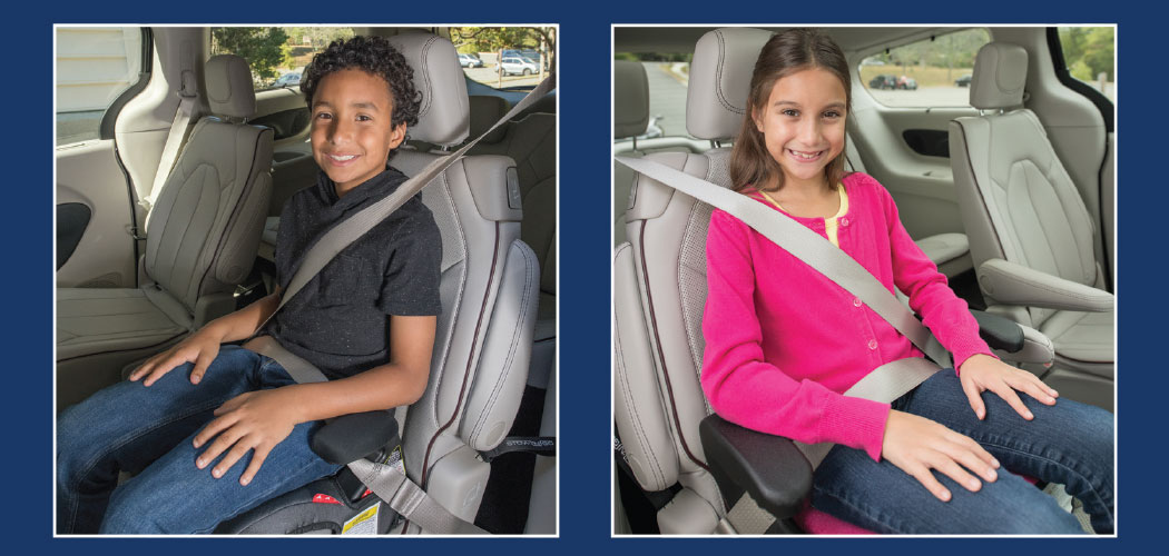 An approximately 8-10 year old boy and girl, each sitting on a vehicle seat with a booster seat.