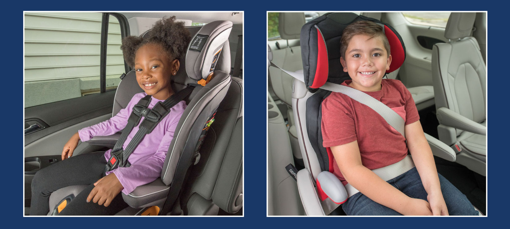 An image of a young girl correctly harnessed into a forward-facing car seat and a young boy sitting in a high back booster seat with the seat belt correctly positioned.