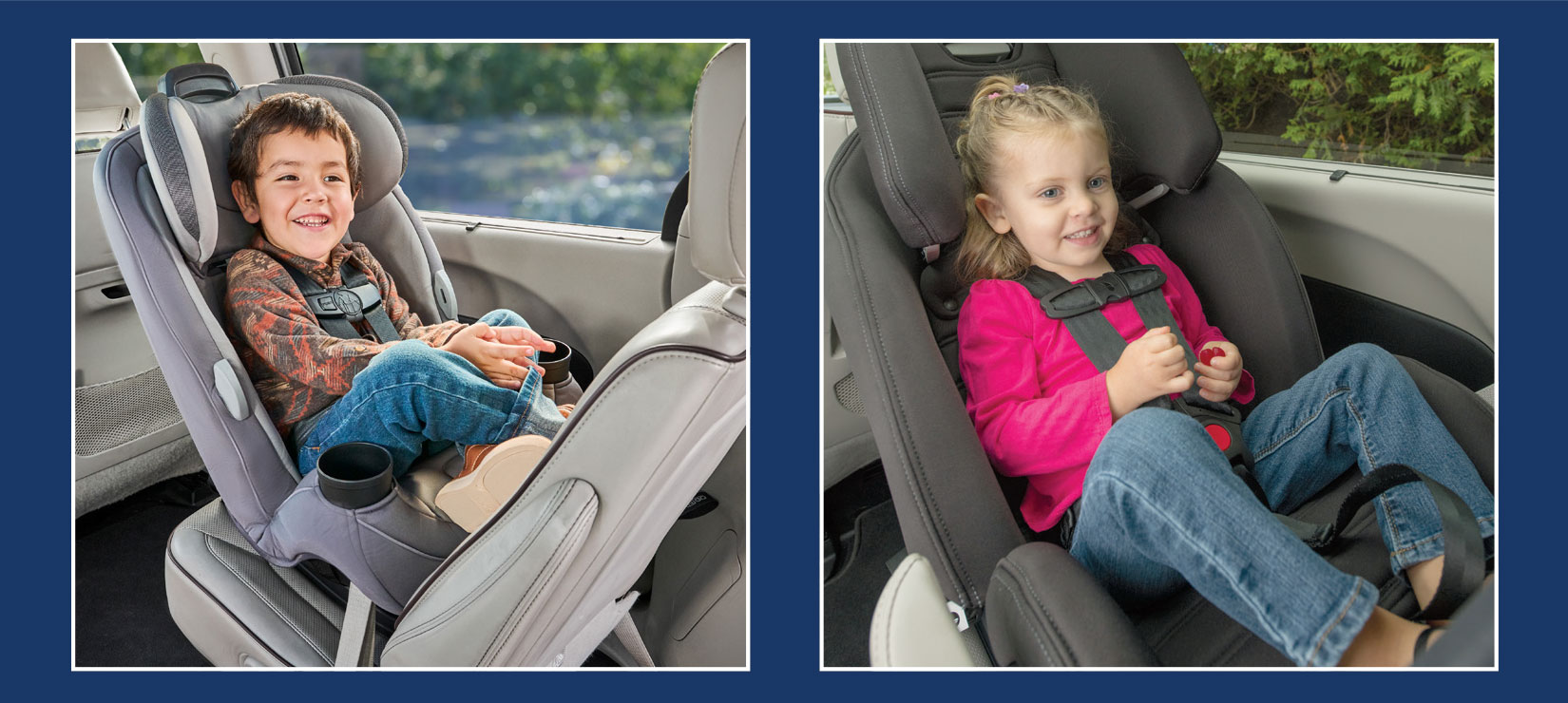 Two toddlers in rear-facing convertible car seats.