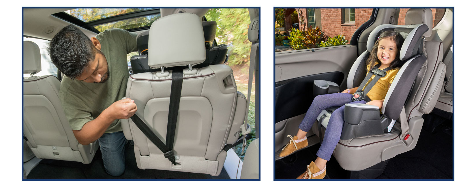 An image of a man attaching the car seat tether to the tether anchor on the back of a vehicle seat. Also an image of a correctly restrained child harnessed into a forward-facing car seat.